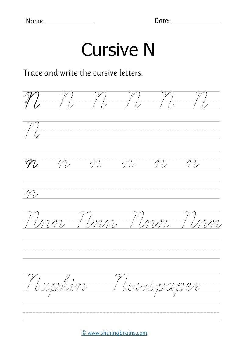 Cursive n - Free cursive writing worksheet for small and capital n practice