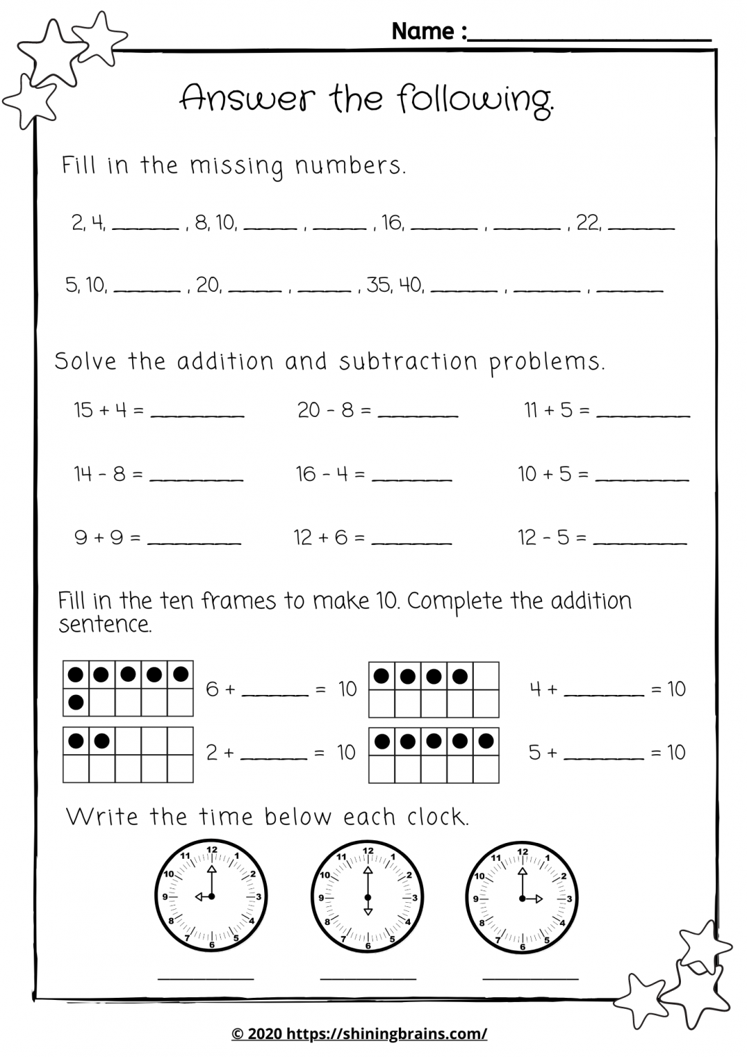 maths homework for year 1