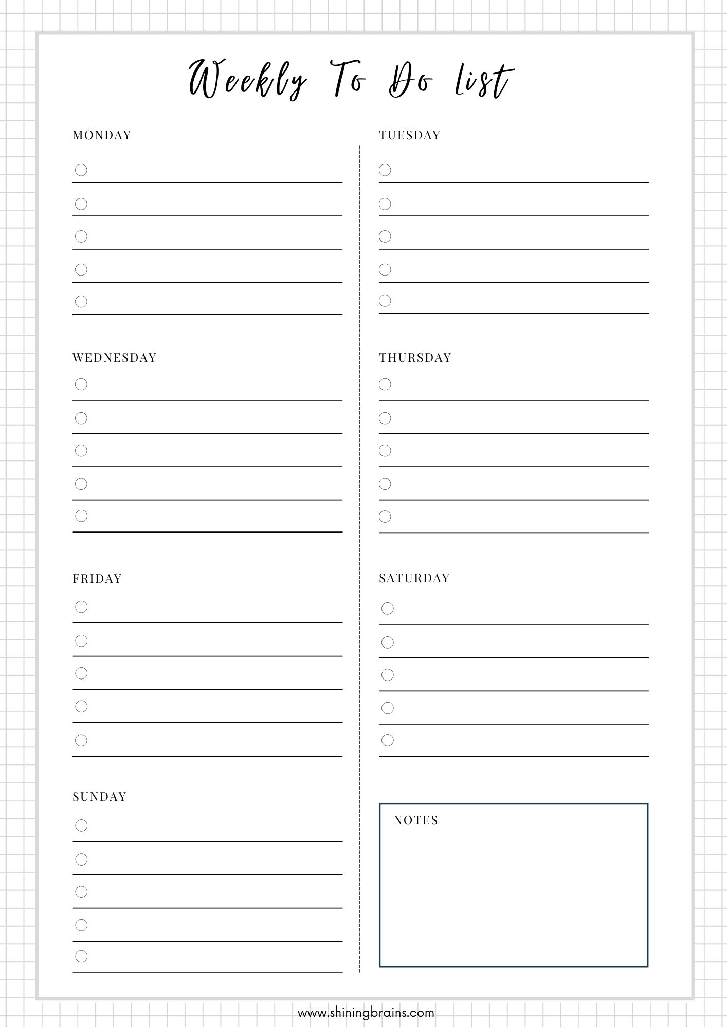 Weekly To Do List Shining Brains To Do Checklist Template Printable