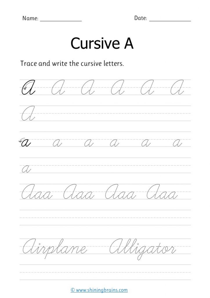 Cursive a | a letter writing worksheet | small and capital a in cursive writing