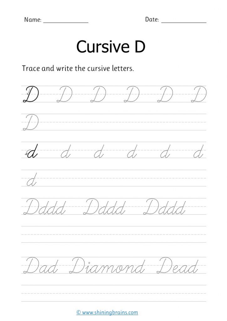 cursive d | d letter writing worksheet |  small and capital d in cursive writing