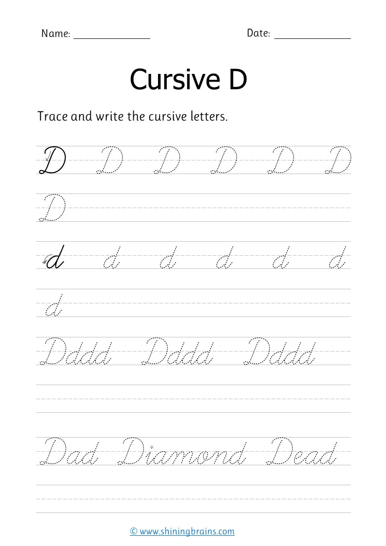 Cursive d - Free cursive writing worksheet for small and capital d