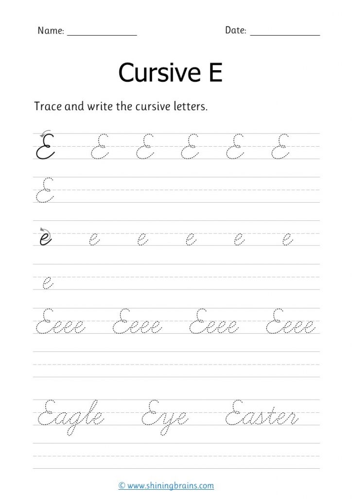 cursive e | letter e in cursive | small and capital e in cursive writing