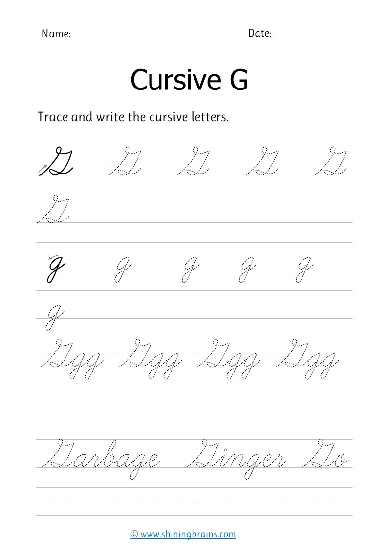 Cursive g - Free cursive writing worksheet for small and capital g