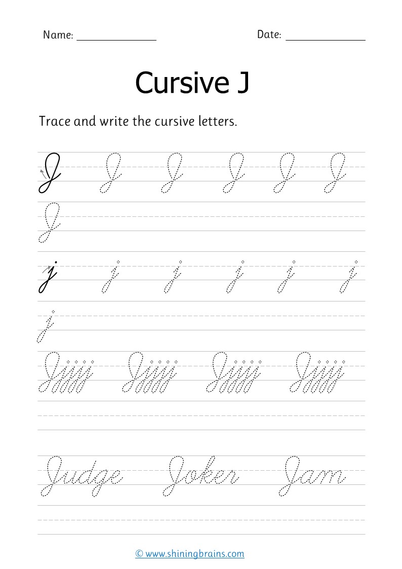 Cursive j - Free cursive writing worksheet for small and capital j