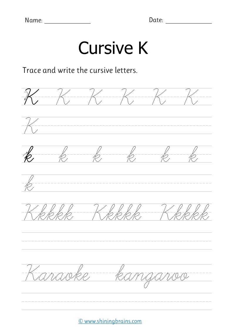 Cursive k - Free cursive writing worksheet for small and capital k