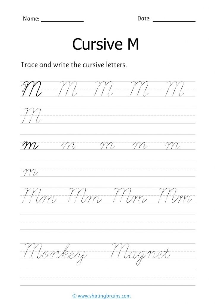 Cursive m - Free cursive writing worksheet for small and capital m practice