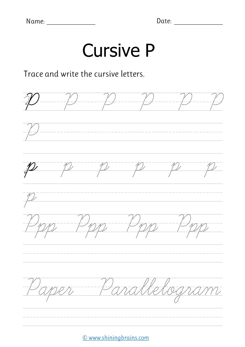 Cursive p - Free cursive writing worksheet for small and capital p