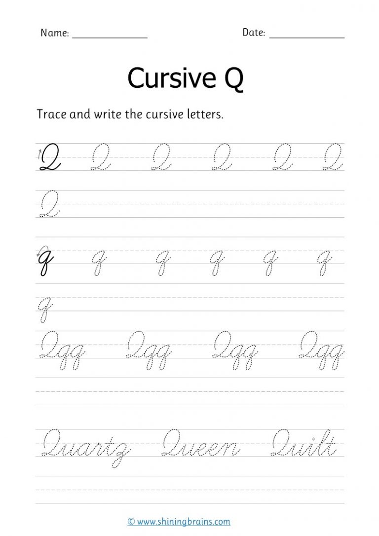 Cursive q - Free cursive writing worksheet for small and capital q practice