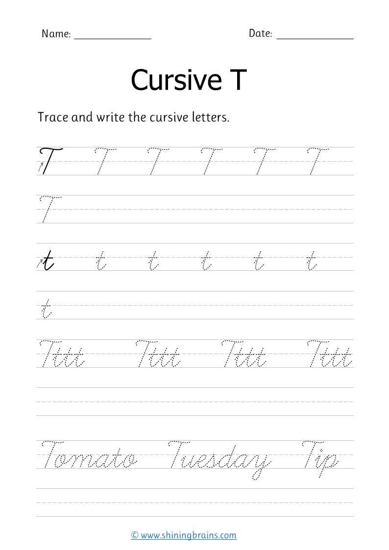 Cursive t - Free cursive writing worksheet for small and capital u
