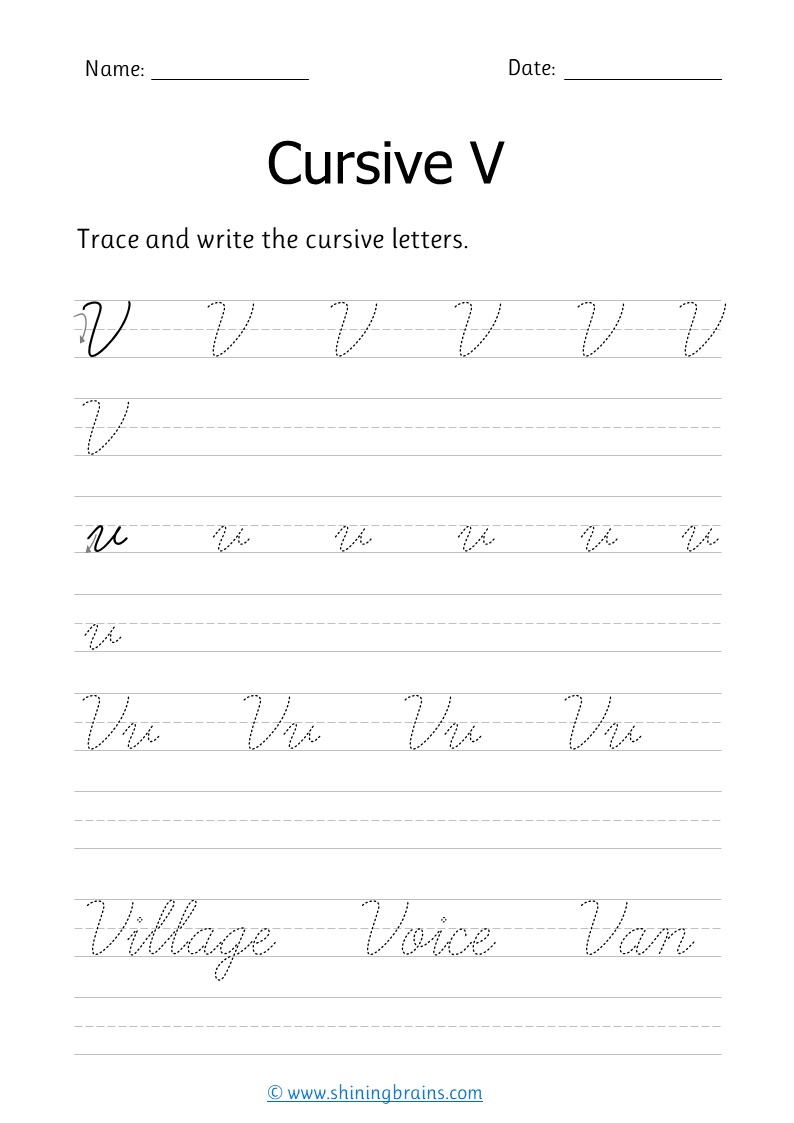 Cursive v - Free cursive writing worksheet for small and capital v