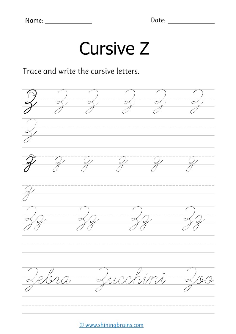 Cursive z - Free cursive writing worksheet for small and capital z
