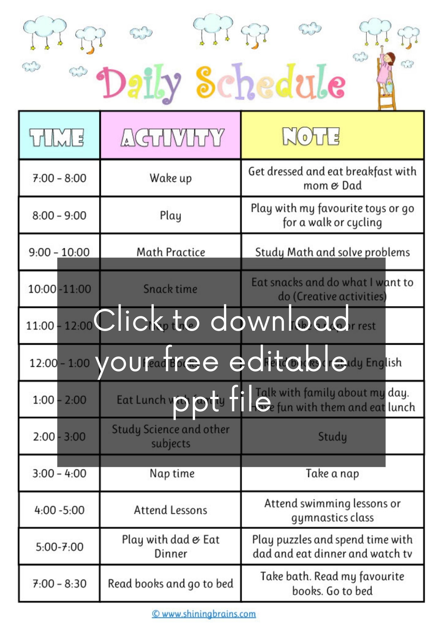 daily tasks schedule templates card for kids