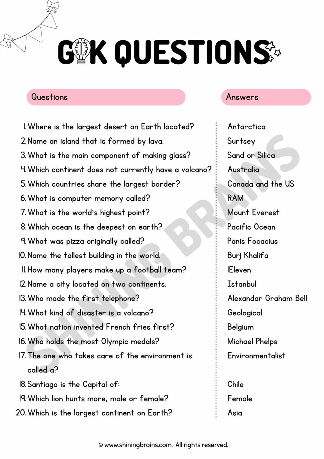 20 Quiz Questions With Answers General Knowledge