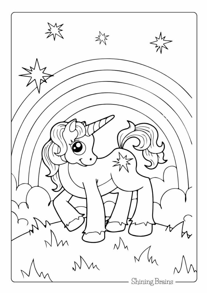 Rainbow cute unicorn colouring page