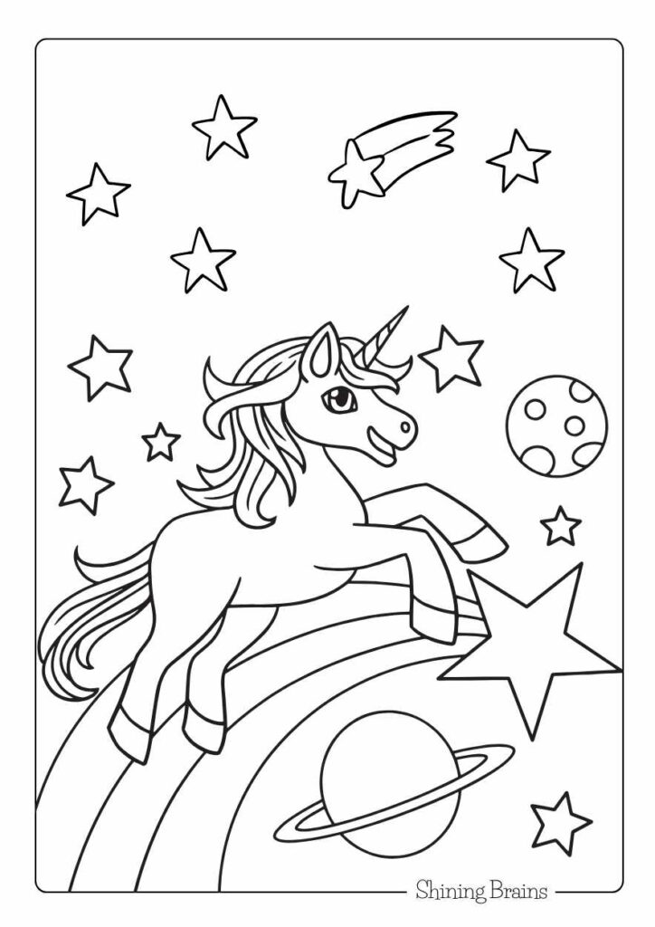 Unicorn in Magic World colouring page