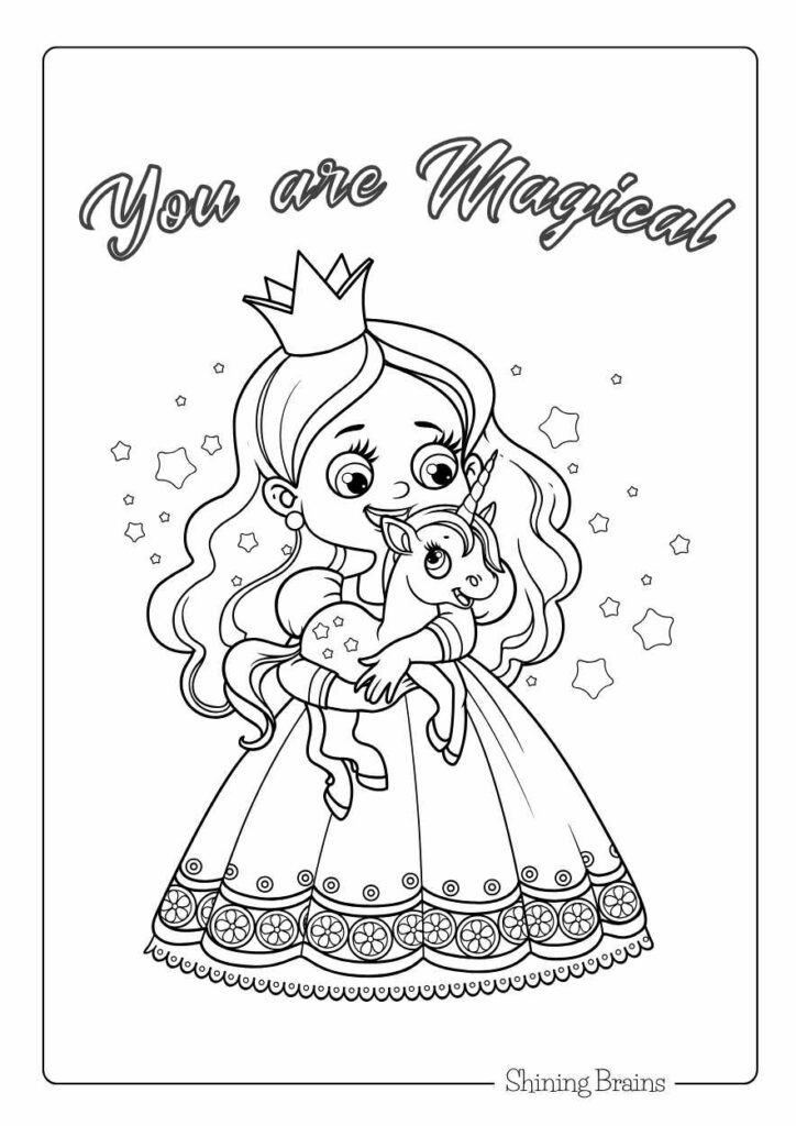 Princess and unicorn colouring page