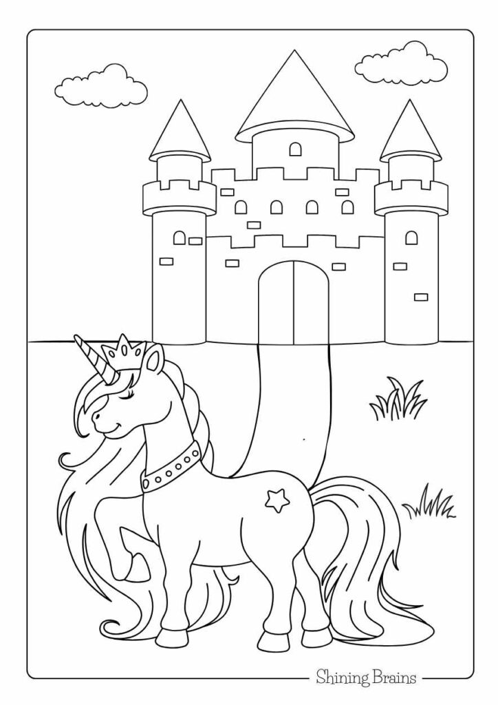 Castle and unicorn colouring sheet