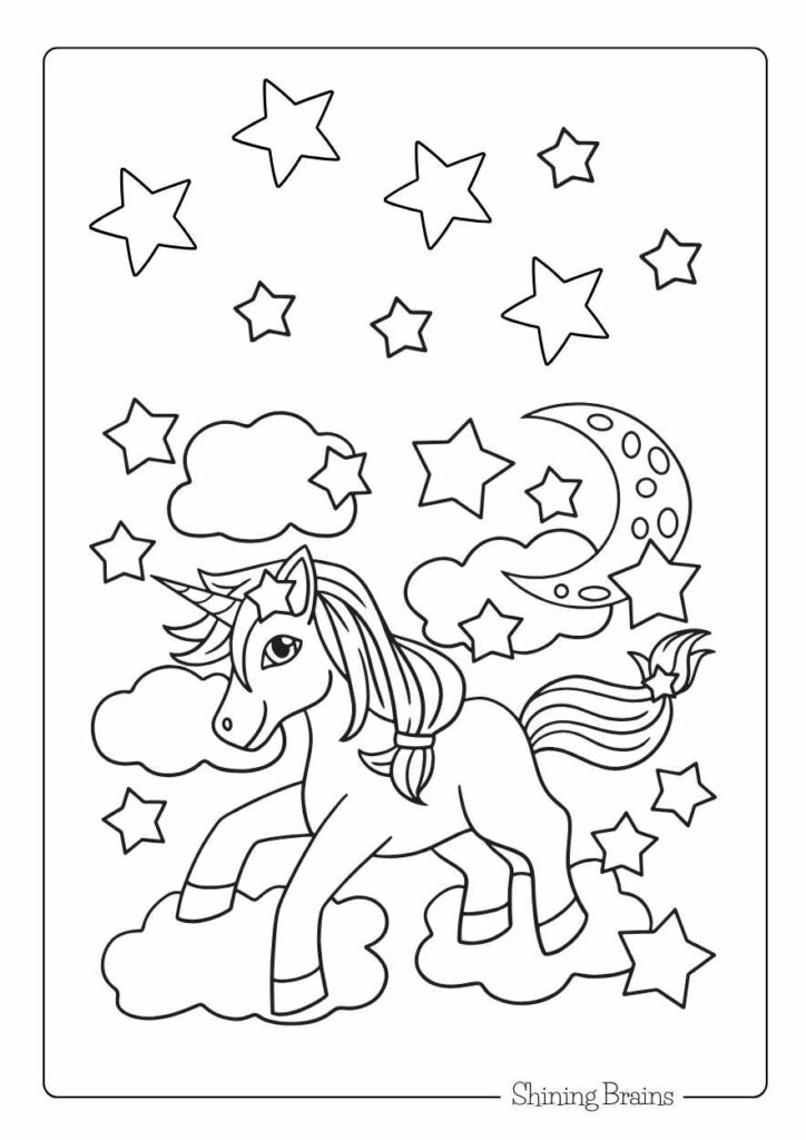 Unicorn in clouds colouring page