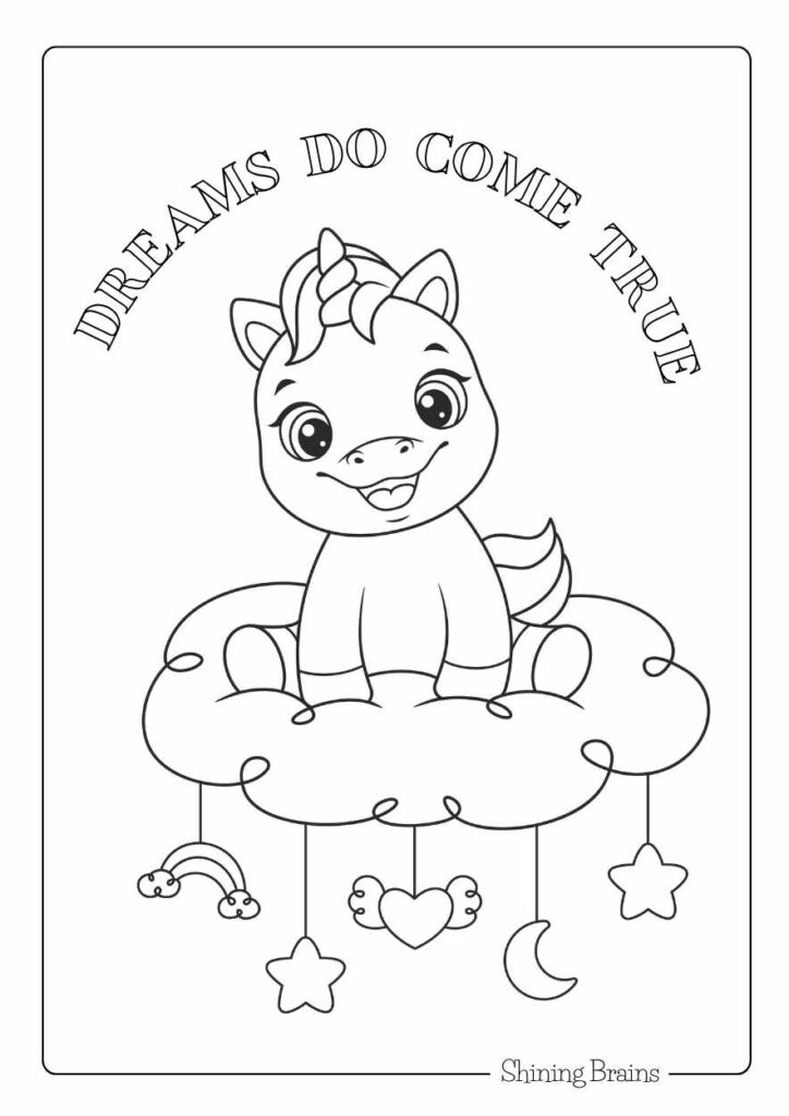 Cute baby unicorn colouring page